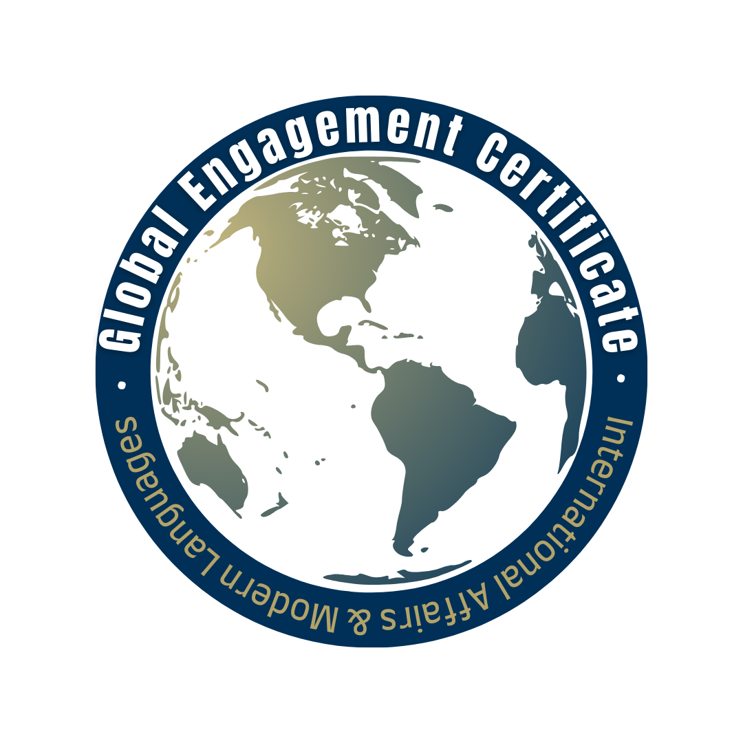 A globe encircled with a navy blue ring with the text global engagement certificate, international affairs, and modern languages text within.