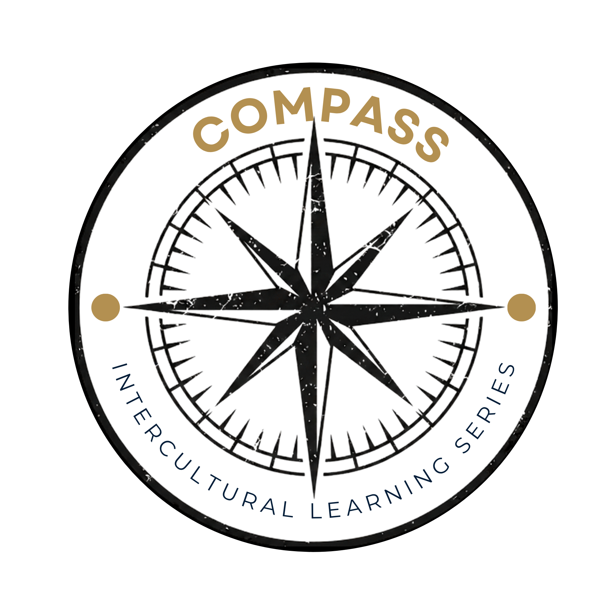 A stylized compass icon that has the words Compass Intercultural Learning Series circling the compass icon
