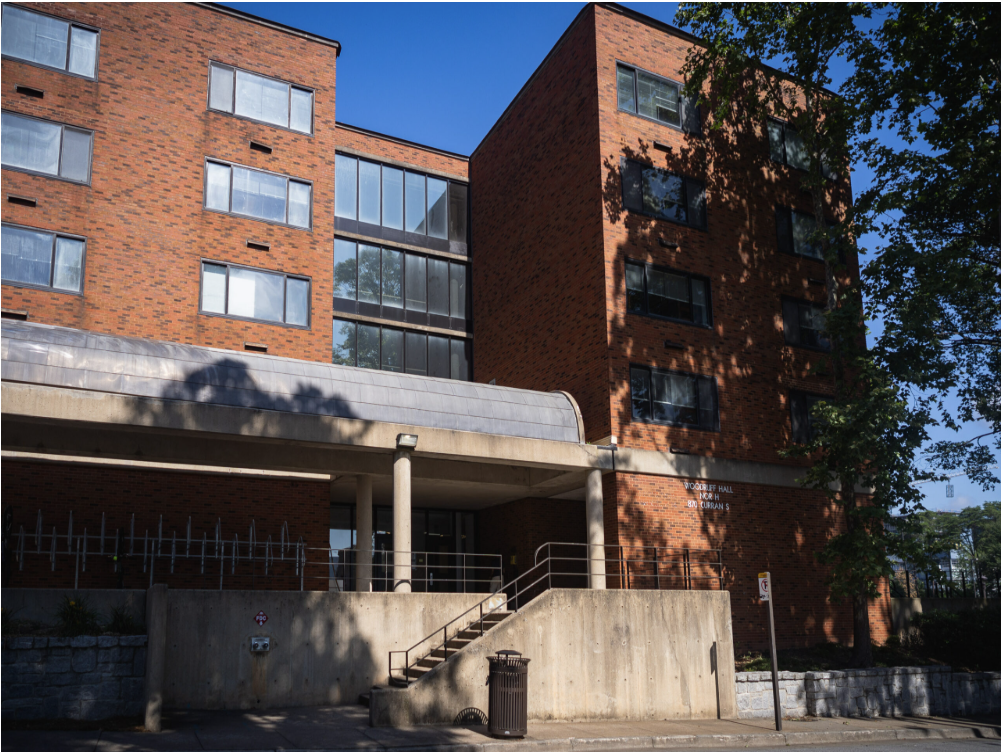Woodruff North is a brick building with a large concrete staircase and porch